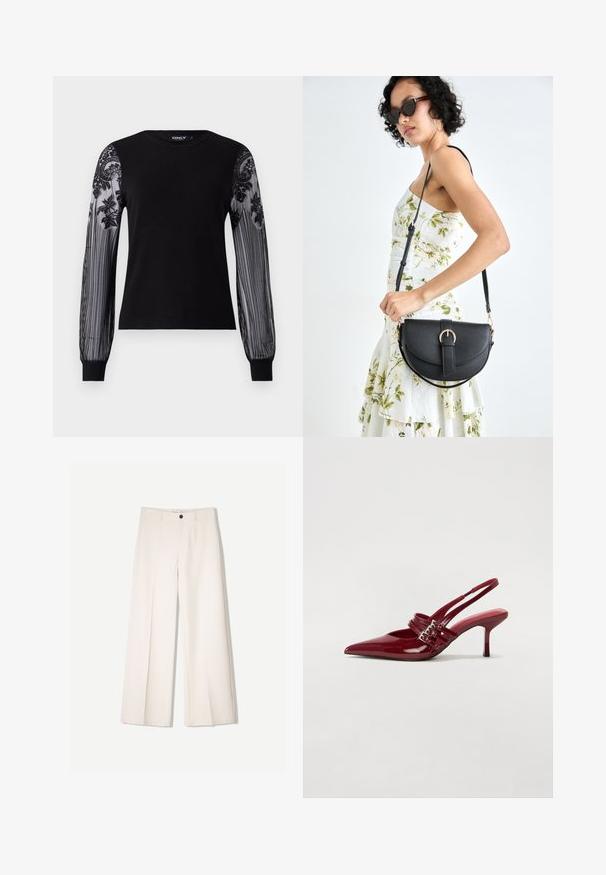 Tricou negru cu mâneci lungi, cu un corp din tricot solid și mâneci din plasă texturată, transparente, având broderie florală și un model în dungi la mansete.; Pantaloni largi de culoare crem, cu un design croit, având două buzunare la față și o închidere cu un singur nasture în față, realizați dintr-un material neted.; Pantofi cu toc slingback din piele roșie lacuită, cu vârf ascutit, două curele cu cataramă și un toc subțire, de înălțime medie. Textură netedă.; Geantă din piele neagră, cu o formă curbată, curea detașabilă și accesorii aurii. Geanta are un capac cu un detaliu tip cataramă.