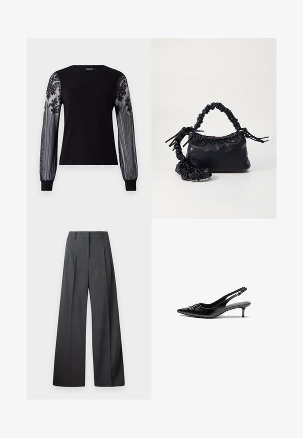 Sort langærmet top med en ensfarvet strik-krop og gennemsigtige, teksturerede meshærmer med blomsterbroderi og stribet mønster ved manchetterne.; Bredde benbukser i mørkegrå stof, med høj talje, enkelte læg og en glat tekstur med en ren finish ved kanten.; Sorte læderslippers med spidse tæer, lille kitten hæl og en dekorativ knude detalje foran. Glat tekstur hele vejen rundt.; Sort kunstlæder håndtaske med krokodilteksur, indsnøret top og en sammenkrøben rem. Ser blød og kompakt ud i designet.