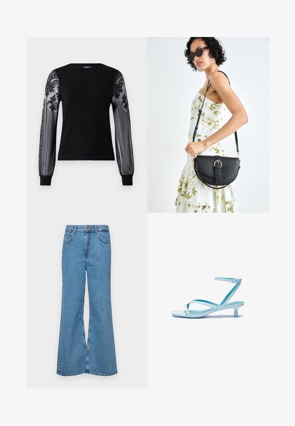 Sort langærmet top med en ensfarvet strik-krop og gennemsigtige, teksturerede meshærmer med blomsterbroderi og stribet mønster ved manchetterne.; Lysblå flagrende jeans lavet af denim, med høj talje, fem lommer og en enkelt knaplukning. Blød tekstur med en falmet finish.; Lys blå strop sandal med firkantet tå, lav hæl, justerbar ankelrem og glat, blank finish. Krydsede stropper på fodsengen.; Sort læderhåndtaske med en buet form, aftagelig rem og guldfinish. Tasken har en klap med en spænde detalje.