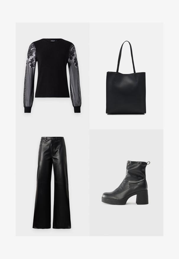 Sort langærmet top med en ensfarvet strik-krop og gennemsigtige, teksturerede meshærmer med blomsterbroderi og stribet mønster ved manchetterne.; Sorte high-waisted bukser i bred ben i imiteret læder med forreste knap, lynlås, bæltestropper og sidelommer på hvid baggrund.; Sorte ankelstøvler lavet af glat læder, med en sidelukning, kraftig struktureret hæl og rundt tådesign.; Sort læder tote taske med glat tekstur, rektangulær form og to lange hanke. Ingen synlig hardware eller udsmykninger.