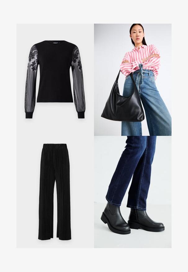 Juodas ilgam rankovėmis marškinėliai su vientisu megztu kūnu ir permatomomis tekstūruotomis tinklinėmis rankovėmis, puoštomis gėlėmis ir dryžuota raštą ant rankogalių.; Juodi plisuoti kelnės su elastine juosta. Turėkite plačias kojas ir glotnų, tekstūrinį audinį su vertikaliais dryžiais.; Juoda odinė kulkšninių botų su storu padu ir šoninėmis elastinėmis detalėmis, derinama su tamsiai mėlynomis džinsais. Žemė šviesios spalvos.; Juodas odinis peties krepšys su laisvu siluetu ir siūlų detalėmis. Modelis vilki rožinės ir baltos spalvos dryžuotą marškinėlį bei plačius mėlynus džinsus.