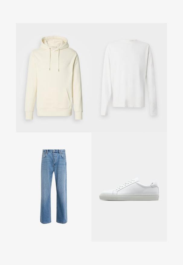 Felpa color crema con tasca frontale, cappuccio regolabile con laccio e logo in rilievo sul petto. Tessuto morbido con polsini e orlo a coste.; Camicia bianca in cotone a maniche lunghe con scollatura rotonda, spacchi laterali in fondo e una texture liscia, mostrata da dietro.; Jeans in denim blu chiaro con design a gamba dritta, cinque tasche, chiusura con bottone, leggero sbiadimento e dettagli di cucitura a contrasto.; Sneaker bianco con tomaia in pelle liscia e profilo basso. Presenta una punta arrotondata, sei occhielli e una suola in gomma testurizzata.