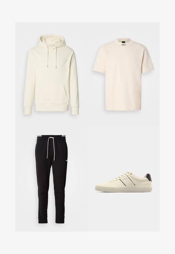Cremefarbener Kapuzenpullover mit einer frontalen Tasche, Kordelzugkapuze und erhabenem Logo auf der Brust. Weicher Stoff mit gerippten Bündchen und Saum.; Cremfarbener Kurzarm-T-Shirt mit hohem Kragen, auf dem die Aufschrift "BOSS" in Schwarz auf der Vorderseite des Halsausschnitts und im Etikett innen gedruckt ist.; Schwarzere Slim-Fit-Jogginghose mit weißem Kordelzug, gerippten Bündchen und subtilen Logo am Oberschenkel auf einem schlichten Hintergrund.; Cremfarbene Sneaker mit glatter Oberfläche, die schwarze Akzente und Markenlogo aufweisen. Klassisches Schnürdesign mit runder Zehenform und Gummisohle.