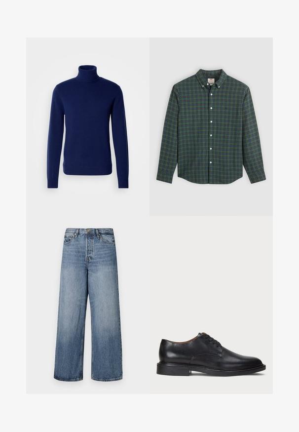Sötétkék garbó pulóver, puha kötött anyagból készült. Bordás gallérral, ujjak végével és aljjal rendelkezik. Egyszerű, testhezálló kialakítás, látható minták nélkül.; Hosszú ujjú gombos ing zöld, kék és sárga kockás mintával, fehér gombokkal és gombos gallérral.; Széles lábú kék farmernadrág, elhalványodott mosással, öt zsebbel és gombos zárással. Övhurkokkal és steppelt részletekkel ellátva.; Fekete bőrből készült dresszcipő kerek orral, fűzős kialakítással és alacsony, rétegelt sarkával. Simás felület minimális varrási részletekkel.