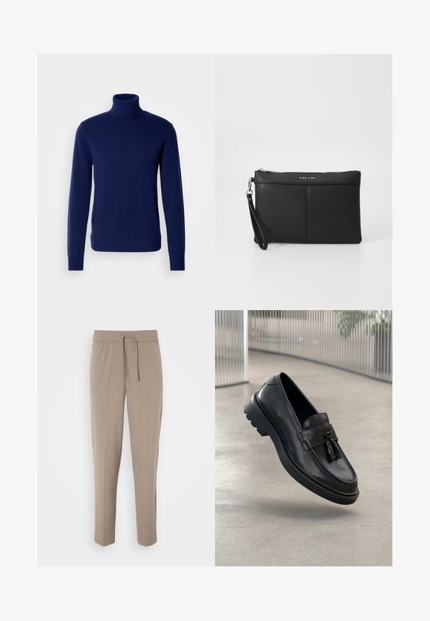 Maglione a collo alto di colore blu navy realizzato in morbido tessuto lavorato a maglia. Presenta un collo, polsini e orlo a coste. Design semplice e aderente senza motivi visibili.; Pantaloni beige chiaro con cintura elastica, cordoncino regolabile e gamba affusolata. Il tessuto appare liscio con una lieve lucentezza.; Mocassini in pelle nera con finitura liscia, nappe decorative, suola spessa in gomma e dettagli cuciti. Design leggero ed elegante.; Clutch sintetico nero con chiusura a zip, cinturino da polso e una texture liscia. Presenta cuciture sottili e un logo impresso sul davanti.