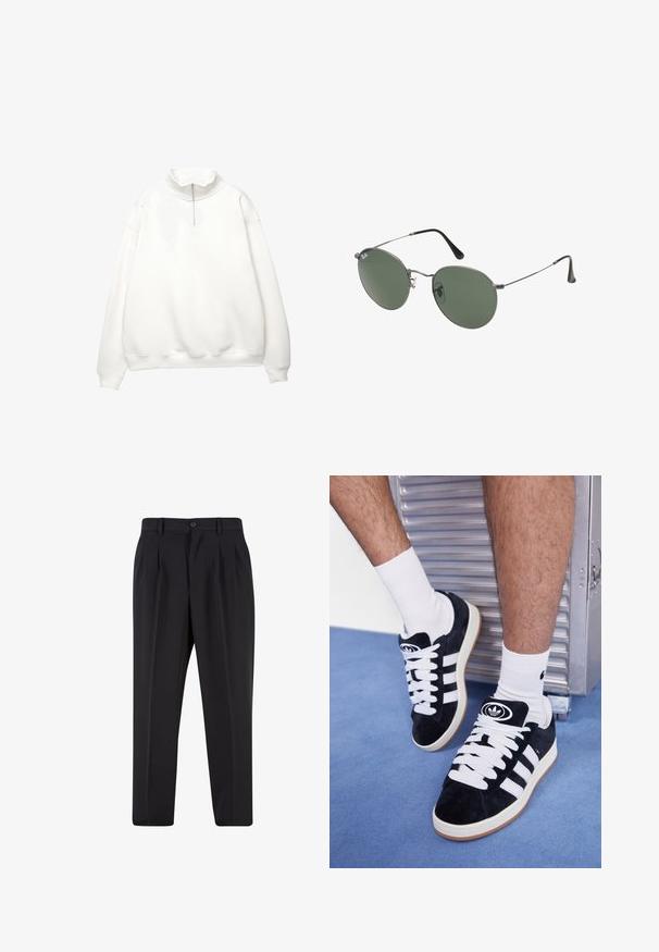Bílý svetr s vysokým límcem, s polo zipem na přední straně a spadlými rameny. Hladká textura s žebrovanými manžetami a lemem.; Černé kalhoty s plisovaným předním designem, vyrobené z hladké tkaniny. Obsahují zapínání na knoflík a poutka na opasek; rovný střih.; Černé semišové tenisky s bílými tkaničkami a třemi bílými pruhy. Mají kulatou černou logo na jazyku a gumovou podrážku.; Sluneční brýle s kovovým rámem a oválnými zelenými skly. Tenký stříbrný kovový rám a černé chrániče uší. Minimalistický design, žádné viditelné logo.