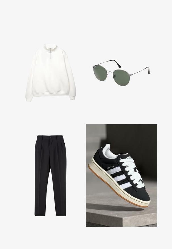 Białe bluza z wysokim kołnierzem, zapinana na pół suwak, z opadającymi ramionami. Gładka tekstura z prążkowanymi mankietami i dołem.; Czarne spodnie z plisowanym przodem, wykonane z gładkiego materiału. Zapięcie na guzik i szlufki na pasek; prosty krój nogawek.; Czarny tenisówka z białymi paskami, sznurowana, z teksturowaną cholewką i gumową podeszwą. Na boku znajduje się logo "CAMPUS" oraz kremowa podeszwa.; Okulary przeciwsłoneczne z metalową ramą i owalnymi zielonymi soczewkami. Cienka srebrna metalowa rama i czarne końcówki zauszników. Minimalistyczny design, bez widocznych logo.