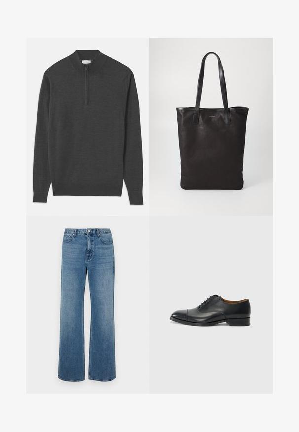 Tamsiai pilkas megztinis su užtrauktuku kakle, ilgomis rankovėmis, raukšlėtais rankogaliais ir apačia, pagamintas iš minkštos medžiagos su lygiu paviršiumi.; Balta mygtukinė marškiniai su apykakle, turinti subtilias vertikalias juosteles, ilgomis rankovėmis, krūtinės kišene ir klasikiniais apvaliais kraštais.; Platus blaujos džinsai, pagaminti iš dėvėtos džinsinio audinio. Sukurtas su penkiomis kišenėmis, priekiniais sagčių uždarymu ir tiesiu kirpimu.; Juodas odinis batelis su lygiu paviršiumi, apvaliu priekiniu galu, penkiomis skylutėmis raištams ir žemu blokiniu kulnu. Minimalistinis dizainas su subtiliomis siūlėmis.; Juodas drobės pirkinių maišelis su juodais odiniais rankenomis. Paprastas dizainas, erdvus kūnas ir lygus paviršius. Nėra matomų logotipų ar raštų.