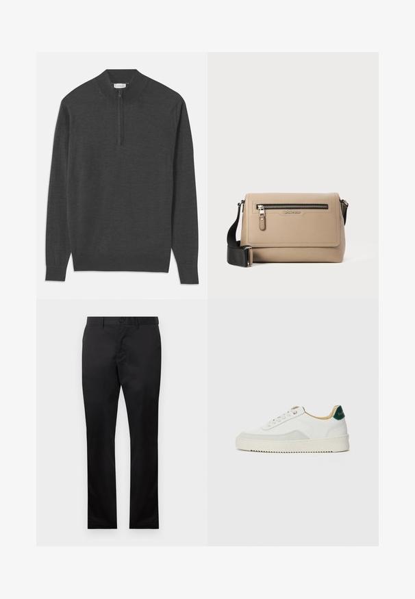 Tamno sivi pulover s patentnim zatvaračem, dugim rukavima, rebrastim manžetama i rubom, napravljen od mekog materijala glatke teksture.; Crne pamučne hlače ravnog kroja, s prednjim zatvaranjem na dugme i bočnim džepovima, glatke teksture, bez vidljivih uzoraka.; Bijele tenisice s akcentima od antilopa, zaobljenim vrhom, ravnim vezicama i krem gumenim potplatom. Imaju zelenu oznaku na peti.; Bež kožna torbica za preko ramena s teksturiranom površinom, koja ima prednji džep na zatvarač i podesivu crnu traku. Logo je prikazan sprijeda.