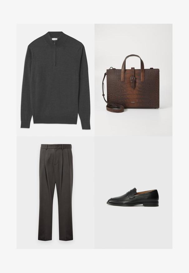 Pull-over sombre gris avec un col zippé, des manches longues, des poignets et un ourlet côtelés, fabriqué dans un tissu doux au toucher lisse.; Pantalon gris foncé en tissu texturé, avec une taille plate, des plis, des jambes droites et des passants de ceinture. Pas de quincaillerie ni de motifs visibles.; Mocassin en cuir noir avec un bout arrondi, des coutures subtiles et un talon bas, présentant une texture lisse et un design minimaliste.; Sac à main en cuir embossé crocodile marron avec des poignées supérieures et une bandoulière amovible. Présente une fermeture à boucle et une forme rectangulaire.