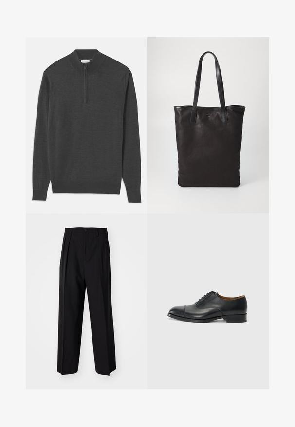 Tumši pelēks džemperis ar rāvējslēdzēja kakla daļu, garām piedurknēm, ribotām aprocēm un apakšmalu, izgatavots no mīksta auduma ar gludu tekstūru.; Melnas plisētās bikses ar taisnu, plata kāja dizainu. Izgatavotas no gludas auduma, ar pogu aizdari un jostas cilpiņām.; Melna ādas kleitkurpe ar gludu virsmu, noapaļota purngala, piecām acīm šņorēšanai un zemu bloku papēdi. Minimalistisks dizains ar smalku adījumu.; Melnas auduma iepirkumu soma ar melnām ādas rokturiem. Vienkāršs dizains, plaša forma un gluda tekstūra. Nav redzamu logo vai rakstu.