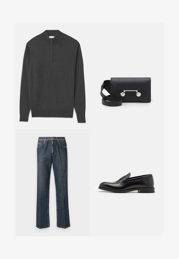 Tummanharmaa neulepusero, jossa on vetoketjukaulus, pitkät hihat, joustavat hihansuut ja helma, valmistettu pehmeästä kankaasta, jossa on sileä tekstuuri.; Tummansiniset suorat farkut, joissa on edessä nappi, vetoketju, tuplakoteloita ja näkyvät pystysaumat lahkeissa.; Mustat nahkakengät, joissa on sileä pinta, pyöreä kärki ja koristeellinen nauha jalkapöydän yli. Matala pinoitu koroke, minimalistinen muotoilu.; Mustan nahkainen olkalaukku, jossa on läppäkiinnitys, hopeanväriset yksityiskohdat ja kaksi pyöreää koristetta. Varustettu irrotettavalla hihnalla. Sileä pinta.