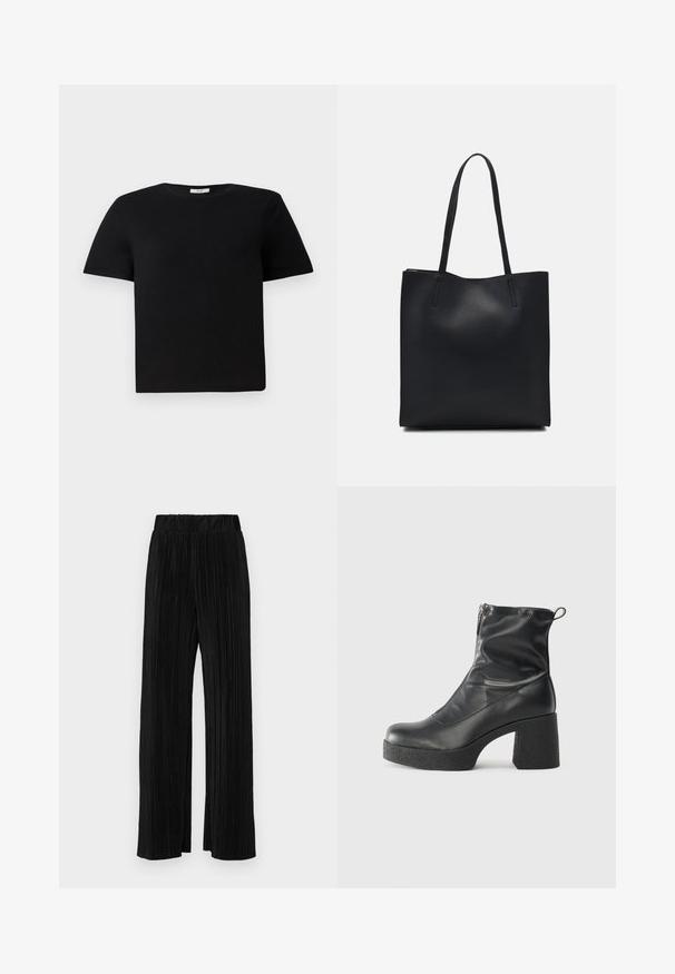 Fekete, rövid ujjú pamut póló. Kerek, klasszikus nyakkivágással és laza szabással rendelkezik. Egyszerű, minta és díszítés nélküli design.; Fekete pliszírozott nadrág gumis derekkal. Széles lábakkal rendelkezik, sima, texturált anyagból készült, függőleges csíkokkal.; Fekete bokacsizmák sima bőrből, oldalsó cipzárral, vastag, texturált sarkú és lekerekített orrú dizájnnal.; Fekete bőrtáska sima felszínnel, téglalap alakú, két hosszú füllel. Nincs látható fémkiegészítő vagy díszítés.