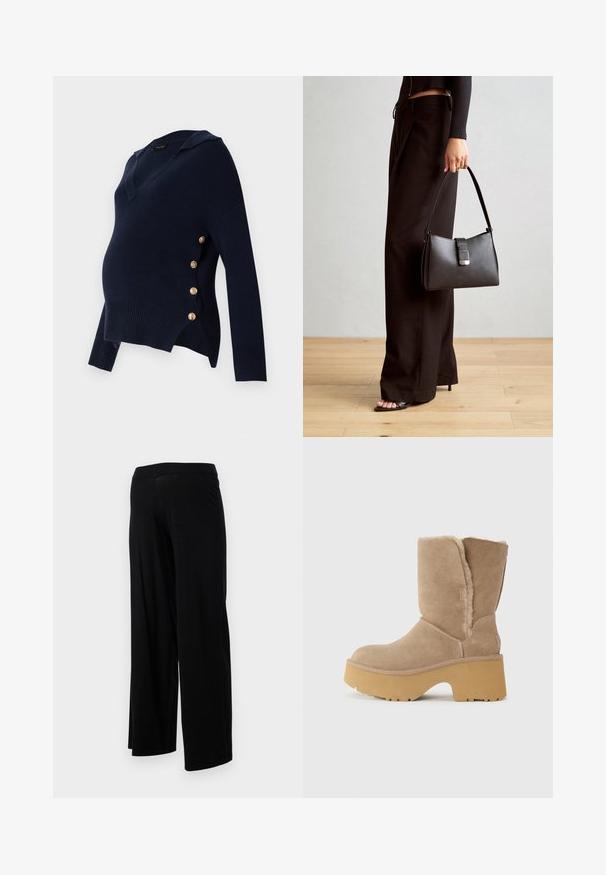 Sweater de maternidade azul-marinho com decote em V, textura canelada e detalhes com botões dourados ao longo do lado, apresentando um corte relaxado e oversized.; Calças largas pretas com uma cintura elástica e uma textura suave e elástica. Apresenta um design simples, sem padrões ou adornos.; Botas de camurça bege até o meio da panturrilha, com uma sola grossa amarela, apresentando um forro macio e texturizado e um design de bico arredondado. Superfície externa lisa.; Bolsa preta com forma estruturada, textura suave e um fecho metálico. Combinada com calças largas pretas e sandálias de salto aberto sobre um chão de madeira.