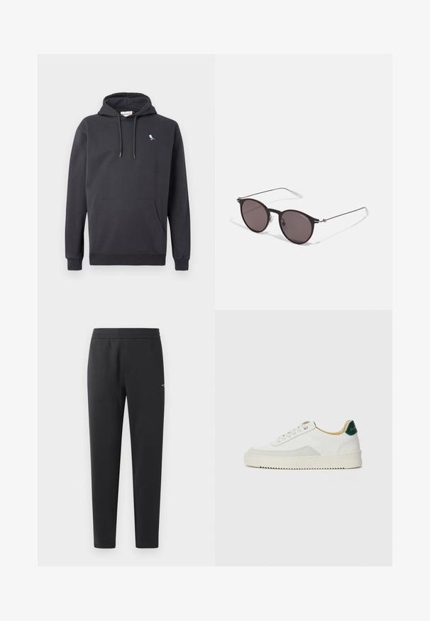 Tamsiai pilka gobtuvu džemperis su priekinėmis kišenėmis ir maža balta bei mėlyna paukščio logotipu kairiajame krūtinės šone.; Juodos sportinės kelnės, pagamintos iš minkštos medžiagos, su elastinga juosmeniu, tiesiomis kojomis ir nedideliu logotipo akcentu šone.; Baltos sportbačiai su zomšos akcentais, apvaliu nosiu, plokščiais raišteliais ir kreminės spalvos guminiu padu. Ant kulno yra žalia ženklinimo detalė.; Juodos apvalios saulės akinių su tamsiais lęšiais ir plonomis metalinėmis šakomis. Įtraukti skaidrūs šventyklų galai ir sidabriniai akcentai vyrio srityje. Minimalistinis dizainas.