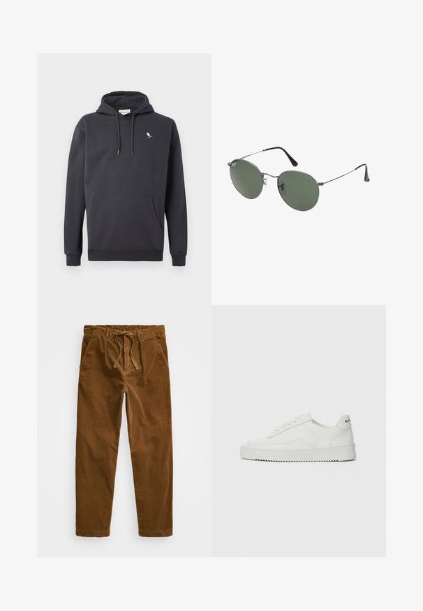 Tummanharmaa huppari, jossa on etutasku ja pieni valkoinen ja sininen linnulogO vasemmassa rinnassa.; Ruske ribana hlače s elastičnim pasom in vrvico, stranskimi žepi in ravnimi nogavicami s teksturiranim ribanjem.; Valkoinen nahkakenkä, jossa on sileä pinta, pyöreä kärki, tasaiset nauhat ja teksturoitu pohja. Sisältää huomaamattoman logon kantapäässä.; Aurinkolasit metallikehyksillä, joissa on soikeat vihreät linssit. Ohut hopeinen metallikehys ja mustat korvapehmusteet. Minimalistinen muotoilu, ei näkyviä logoja.