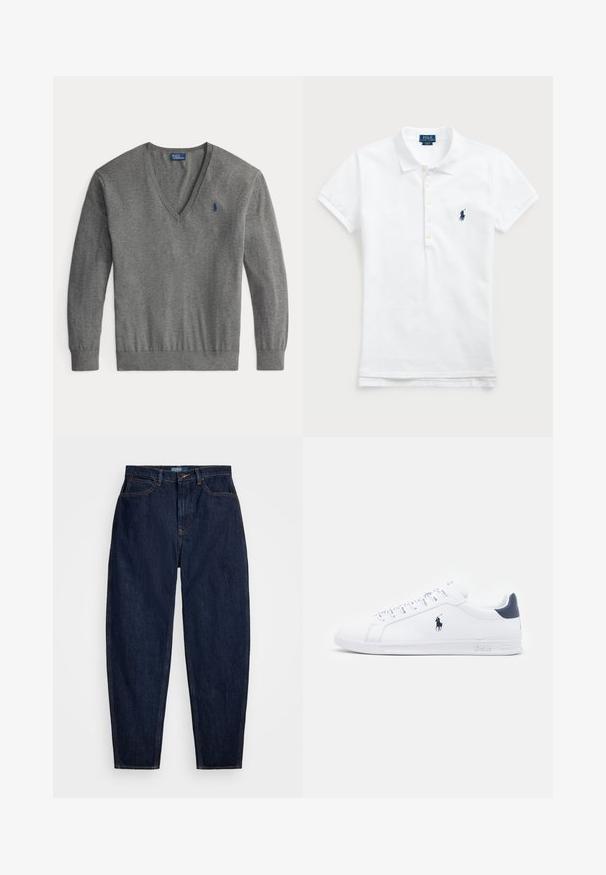Šedý svetr s výstřihem do V, vyrobený z jemné pleteniny, s dlouhými rukávy. Obsahuje malé modré logo na levé hrudi a žebrovaný lem.; Bílá bavlněná polo košile s klasickým límcem, krátkými rukávy a vyšitým námořnickým logem na levé hrudi. Pětici knoflíků na zapínání.; Tmavě modré džíny s rovnou nohavicí, se oranžovým prošíváním, předním zapínáním na knoflík a pěti kapsami.; Bílé kožené tenisky s hladkým povrchem, námořnickými akcenty a malým logem na boku. Mají ploché tkaničky a texturovanou gumovou podrážku.