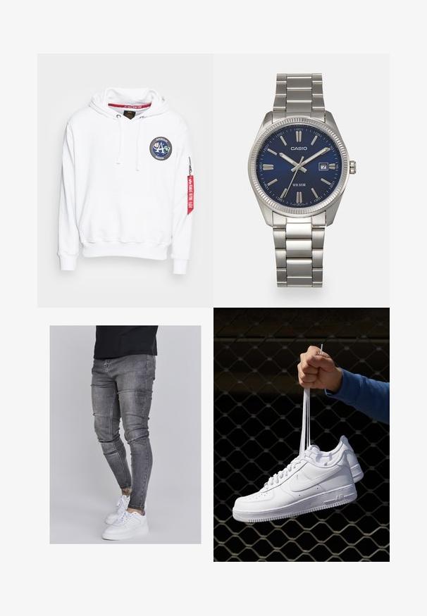Alpha Industries MISSION HOODY - Hoodie - white; Skinny jeans in faded gray denim, featuring distressed details at the knees, paired with white sneakers. Smooth texture, slim fit design.; White leather sneakers with perforations, round toe, flat sole, and thick laces, featuring a visible swoosh logo and "AIR" on the heel.; Silver stainless steel wristwatch with a navy blue dial, metallic hour markers, and a date window at 3 o'clock. Water-resistant to 50 meters.