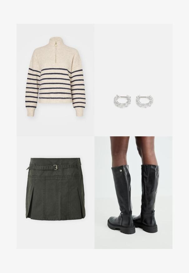 Beige sweater with navy horizontal stripes, high collar, and a half-zip closure. Made from a textured knit fabric, with ribbed cuffs.; Dark green, cotton mini skirt with a fitted waist, a belt, and front pleats. Features stitching details and a classic cut.; Black knee-high leather boots with a smooth texture, rounded toe, chunky sole, and zipper closure. Features silver logo on the side.; Silver hoop earrings featuring clear, rectangular and triangular crystals arranged in a patterned design. Posts for secure fastening.