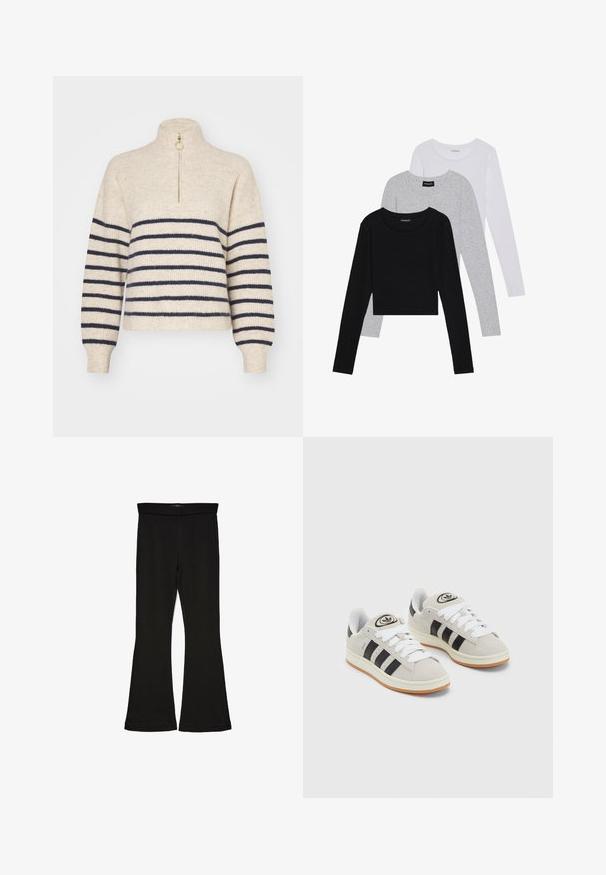 Maglione beige con righe orizzontali blu navy, colletto alto e chiusura con mezza zip. Realizzato in un tessuto a maglia testurizzato, con polsini a coste.; Tre magliette a maniche lunghe impilate: nera, grigia e bianca. Ognuna ha un colletto rotondo e un design accorciato con tessuto morbido e leggero.; Leggings a zampa nera realizzati in un tessuto elasticizzato. Presentano una vita alta e una superficie liscia, con una silhouette aderente che si ampia all'orlo.; Sneakers in suede grigio con lacci bianchi, strisce nere e suola in gomma bianca. Presentano un logo circolare sulla linguetta e una suola in gomma.