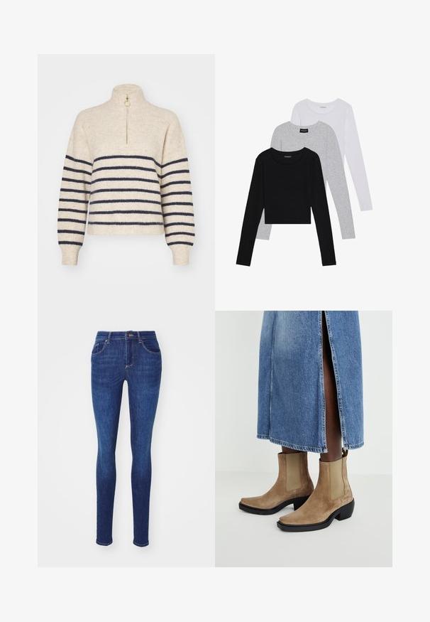Pulover bej cu dungi orizontale bleumarin, guler înalt și fermoar parțial. Fabricat dintr-un material tricotat texturat, cu manșete ribbate.; Trei bluze cu mânecă lungă așezate: neagră, gri și albă. Fiecare are un guler rotund și un design scurt, realizat dintr-un material fin și ușor.; Jeans skinny din denim albastru închis, cu o textură netedă, având cinci buzunare și o talie cu bucle pentru curea și o închidere frontală.; Botine din suede, de culoare bej, cu panouri laterale elastice și toc bloc negru. Purtați cu o fustă din denim ușor albastră, cu un slit lateral.