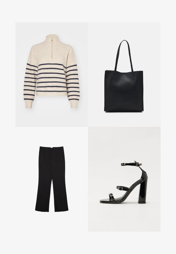 Bež džemper s tamnoplavim horizontalnim prugama, visokom kragnom i zatvaračem do pola. Izrađen od teksturirane pletive, s rebrastim manžetama.; Crne hlače ravnog kroja, s prednjim džepovima i bočnim prorezima na rubu. Izrađene od mekog i glatkog materijala. Pogodne za razne prigode.; Crne lakirane sandale na pete sa kvadratnim nosom, trakama oko gležnja i srebrnim kopčama. Imaju čvrst blok petu za stabilnost.; Crna kožna torba za nošenje s glatkom teksturom, pravokutnim oblikom i dvije duge ručke. Nema vidljivih metalnih dijelova ili ukrasa.