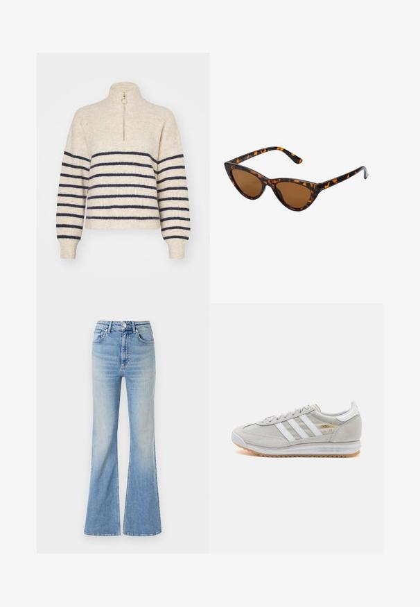 Beige Pullover mit navyblauen horizontalen Streifen, hohem Kragen und halbem Reißverschluss. Hergestellt aus einem strukturierten Strickstoff, mit gerippten Bündchen.; Helle blaue Schlagjeans aus Denim mit hoher Taille, fünf Taschen und subtilem Farbverlauf bis zum Saum.; Hellgraue Sneaker aus Wildleder und Mesh, mit drei weißen Streifen, runder Zehenpartie und einer Sohle aus Gummi. Goldenes Logo-Detail nahe der Schnürsenkel.; Katzenaugen-Sonnenbrille mit einem schwarz-orangenen Schildpattrahmen, braunen Gläsern und schlanken, spitzen Enden. Verfügt über ein minimalistisches Logo am Bügel.