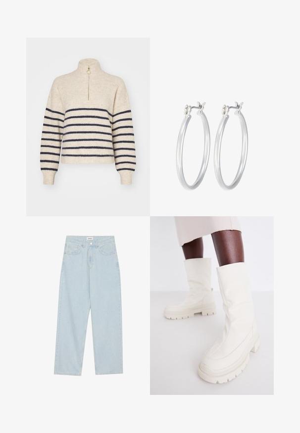 Bežový sveter s námorníckymi horizontálnymi pruhmi, vysokým golierom a polovičným zipsom. Vyrobený z textúrovanej pleteniny s rebrovanými manžetami.; Svetlomodré široké džínsy vyrobené z denimu, s polovičným pásom, piatimi vreckami a zapínaním na gombík s úzkym kovovým detailom.; Biele členkové čižmy s jemnou, textúrovanou úpravou, vybavené hrubou gumovou podrážkou a so sochárskym tvarom pre moderný dizajn.; Strieborné kruhové náušnice s hladkým, lesklým povrchom. Kolový tvar a bezpečné klikanie na uzatváranie. Ľahký dizajn vhodný na každodenné nosenie.