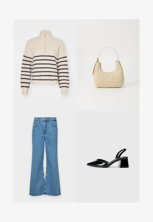 Bež kampsärg tumesiniste horisontaalsete triipudega, kõrge kraega ja poolsiidiga sulgemisega. Valmistatud tekstuurilisest kudumifabricist, ribidega mansettidega.; Heledad sinine flared teksade rõivad, millel on kõrge talje, viis taskut ja üks nupulukk. Pehme tekstuur ja pleekinud viimistlus.; Mustad musta lakknahk kingad, millel on terav varvas ja geomeetriline plokkkonts. Omab elegantselt minimalistlikku disaini ja sujuvat tekstuuri.; Kootud heleda õlgedest käekott kaarjas vormis, lühikese käepideme ja külgseppimisega. Omab tekstuurset pinda ja minimalistlikku disaini.