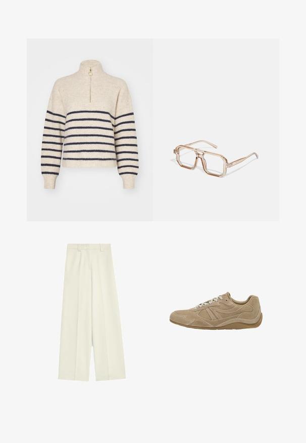Beige tröja med marinblå horisontella ränder, hög krage och halv dragkedja. Tillverkad av ett texturerat stickat tyg, med ribbade ärmslut.; Breda byxor i off-white tyg, med en mjuk textur, framfickor och en rak skärning från midja till fåll.; Beige mockasinsneakers med låg profil, texturerad yta och vita snören. Har en böjd design och en gummisula för bra grepp.; Transparent hexagonala glasögon med ljusbruna toner; tjocka, klara bågar och slanka armar; inga synliga logotyper eller mönster.; Sidenfyrkantig scarf i ljusbeige med ett geometriskt mönster som har upprepade "BOSS" och prislappar i vitt. Kanterna är fint avslutade.; Brun läderhandväska med dubbla handtag och en avtagbar axelrem. Har ett lås i guldton och en texturerad yta.