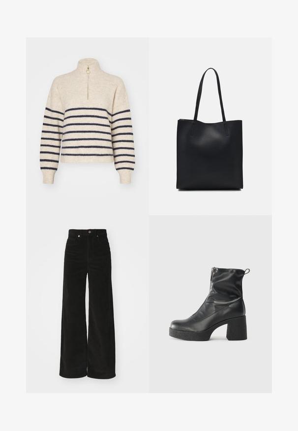Beige sweater with navy horizontal stripes, high collar, and a half-zip closure. Made from a textured knit fabric, with ribbed cuffs.; Black corduroy wide-leg pants with a high waist, featuring two front pockets and a metal button closure. Textured fabric with vertical ridges.; Black ankle boots made of smooth leather, featuring a side zipper, chunky textured heel, and rounded toe design.; Black leather tote bag with smooth texture, rectangular shape, and two long handles. No visible hardware or embellishments.