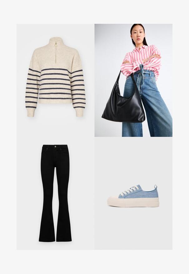 Tricot beige avec des rayures horizontales bleu marine, col montant et fermeture éclair demi-longueur. Fabriqué en tissu tricoté texturé, avec des poignets côtelés.; Jean noir taille haute avec fermeture à bouton et à zip, poches avant et jambes évasées, posés à plat sur un fond blanc.; Baskets en toile bleu clair avec une coque en caoutchouc crème et une semelle extérieure, dotées de lacets blancs et d'une languette au talon.; Sac à épaule en cuir noir avec une forme décontractée et des détails de couture. Le modèle porte une chemise rayée rose et blanche avec un jean bleu à jambes larges.