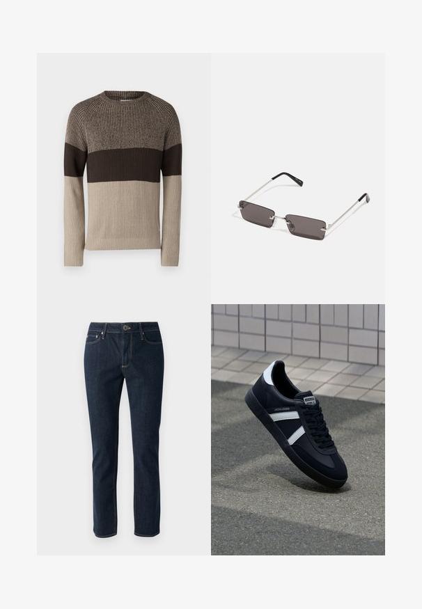 Maglione lavorato a maglia con texture a coste, design a blocchi di colore con tonalità di beige e marrone scuro, scollatura rotonda e maniche lunghe.; Jeans in denim blu scuro con un design a gamba dritta, dotati di chiusura a bottone, cinque tasche e cuciture a contrasto. Texture liscia.; Sneaker neri in pelle con strisce bianche, suola in gomma texturizzata e allacciatura frontale. Presenta un'etichetta con il marchio sulla linguetta.; Occhiali da sole con lenti rettangolari di colore grigio scuro, montatura in metallo argentato e punte nere in plastica sulle asticelle. Design leggero con cuscinetti per il naso.