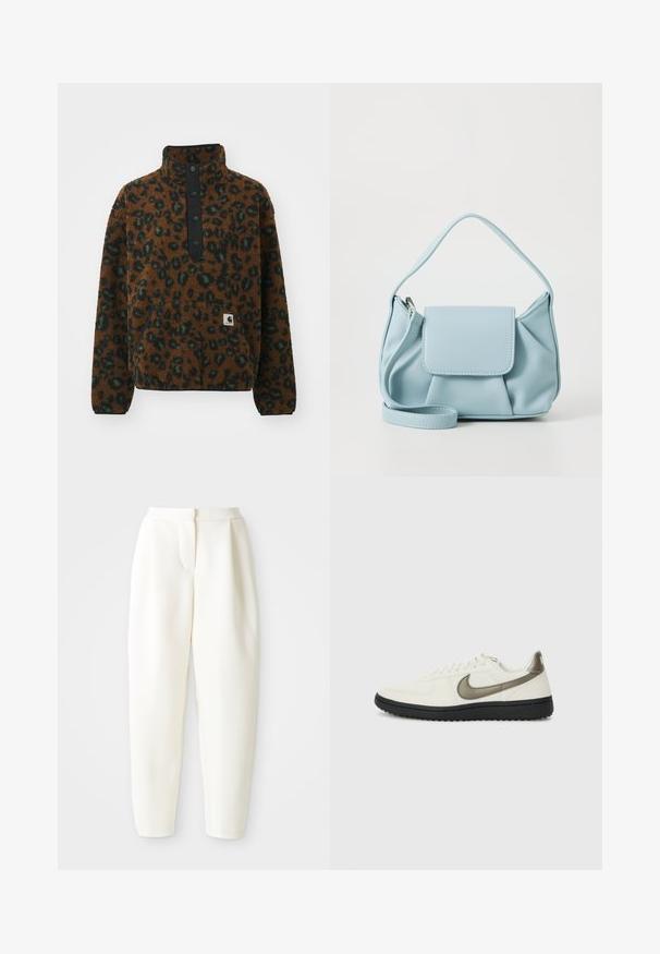 Carhartt WIP ELLIOT HIGH NECK - Vesta od flisa - camo leo/tamarind/black; Bijele hlače visokog struka sužene kroja s skrivenim prednjim kopčanjem i bočnim džepovima, prikazane na jednostavnoj bijeloj pozadini.; Nike Sportswear FIELD GENERAL - Tenisice - off-white/black; Svijetloplava kožna torba s gornjom drškom, prednjim džepom s preklopom i odvojivom narukvicom na bijeloj pozadini.