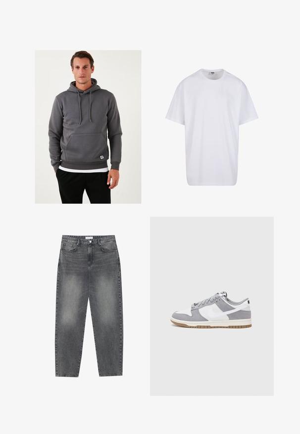 Szary sweatshirt z kapturem, wyposażony w kieszeń kangurzą, sznurki do regulacji, ściągacze przy mankietach i dolnym brzegu. Teksturowana tkanina z małą łatą z logo z przodu.; Biała bawełniana koszulka z krótkimi rękawami, okrągłym dekoltem, luźnym krojem i bez widocznych logo lub wzorów. Gładka tekstura i minimalistyczny design.; Jeansy z wysokim stanem, luźne, w wyblakłym czarnym deninie. Posiadają pięć kieszeni, szlufki na pasek oraz prosty, klasyczny krój nogawek.; Szare i białe trampki z zamszową i skórzaną cholewą, okrągłym noskiem, płaskimi sznurówkami i gumową podeszwą z akcentem w kolorze gumy.