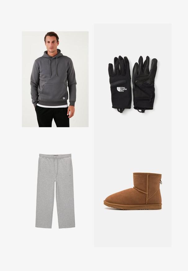 Grauer Kapuzenpullover mit Kängurutasche, Kordelzügen, gerippten Bündchen und Saum. Strukturiertes Material mit einem kleinen Logo-Patch auf der Vorderseite.; Graue Baumwoll-Loungehosen mit elastischem Bund, Kordelzug und zwei seitlichen Taschen; gerader Schnitt, weiche Textur, ohne Muster.; Braune Wildleder-Stiefeletten mit runder Spitze, flexibler Gummisohle und verstärkten Nahtdetails. Mit einem Zugband hinten.; Schwarze Handschuhe aus einer Mischung aus texturiertem Stoff und Leder. Zu den Merkmalen gehören verstärkte Fingerspitzen, ein Logo-Druck und sichere Handgelenkschnallen.