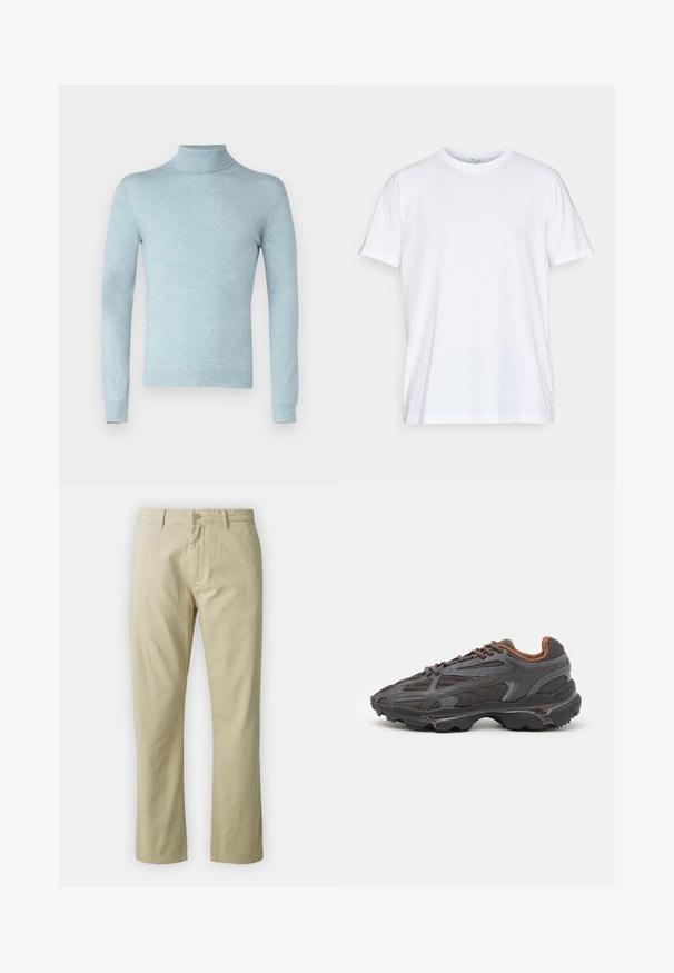 pure cashmere MEN TURTLE NECK SWEATER - Džemperis - eggshell blue; Balta medvilnė marškinėliai su trumpos rankovėmis, apvali iškirptė ir laisvas kirpimas. Yra minimalistinio dizaino, be raštų ar akcentų.; Bežiniai medvilniniai kelnės su tiesiais blauzdomis, priekyje su mygtukų uždarymu ir diržo kilpomis. Lygus paviršius, nėra matomų raštų ar akcentų.; Lacoste sportbačiai tamsiai pilki, pagaminti iš tinklinės ir sintetinių medžiagų, su tekstūruotu padu ir rudomis detalėmis ant apykaklės bei prekės ženklo.