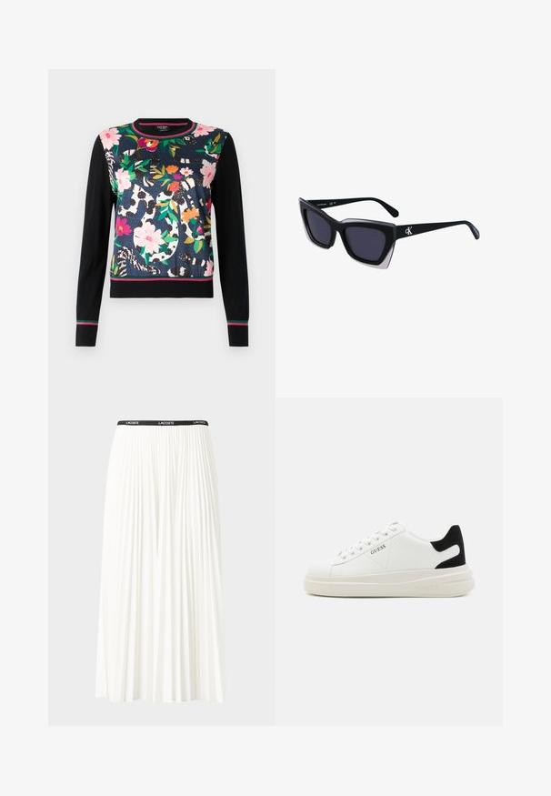 Naiste kampsun, millel on lillemuster roosa, punase ja rohelise värviga tumepunases taustas, mustad varrukad ja triibuline äär.; Kurtitudega valge seelik musta elastse vööga, millel on "LACOSTE" logo. Keskmise pikkusega disain pehme tekstuuriga.; Valged nahast tennisetossud paksu valge tallaga, musta sametist kontsakeeuga ja külje peal riigilogo reljeefne kujundus. Lukkeskeem kuue silmaauguga.; Mustad suured mustad prillid geomeetrilise kujuga, tumedate läätsedega ja kontrastse halli detailiga raamidel. Logo käe peal.