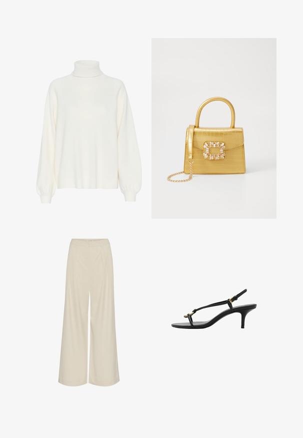 Beige Rollkragenpullover mit einer weichen, gestrickten Textur. Hat lange Ärmel mit gerippten Bündchen und ein entspanntes Design.; Weite Beinkleider aus leichtem beigem Stoff, mit Falten, hoher Taille und einer glatten Textur ohne sichtbare Verzierungen.; Schwarze Leder-Kitten-Heel-Sandale mit dünnen Riemen, goldener Schnalle und minimalistischer Zehen-Schlaufe vor einem weißen Hintergrund.; Gelbe Kunstleder-Handtasche im Krokodil-Look mit strukturiertem Design, Obergriff, abnehmbarem Kettenriemen und dekorativer Kristallverzierung am Verschluss.