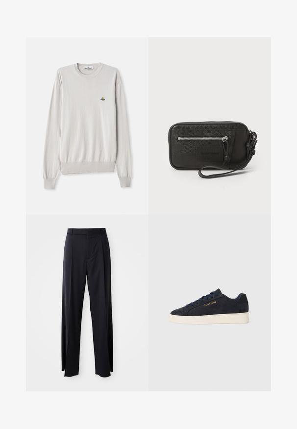 Šviesiai béžinis ilgas rankovėmismegztinis su raštuotais manžetais ir apačia, turintis mažą daugiaspalvį išsiuvinėtą logotipą kairėje krūtinės pusėje.; Juodi, aukštai užtraukiami kelnių modeliai su plačiomis kojomis, pagaminti iš lygaus audinio. Yra priekiniai raukšlės ir diržo kilpos. Minimalistinio dizaino, be matomų detalių.; Tamsiai mėlynos zomšos žemos batai su balta siaura, tamsiai mėlynais raišteliais ir auksiniu logotipu „Filling Pieces“ šone.; Juodas odinis delninukas su tekstūruotu paviršiumi, priekinė užtrauktuko kišenė ir nuimama riešo juosta. Priekyje yra logotipo etiketas. Stačiakampio formos.