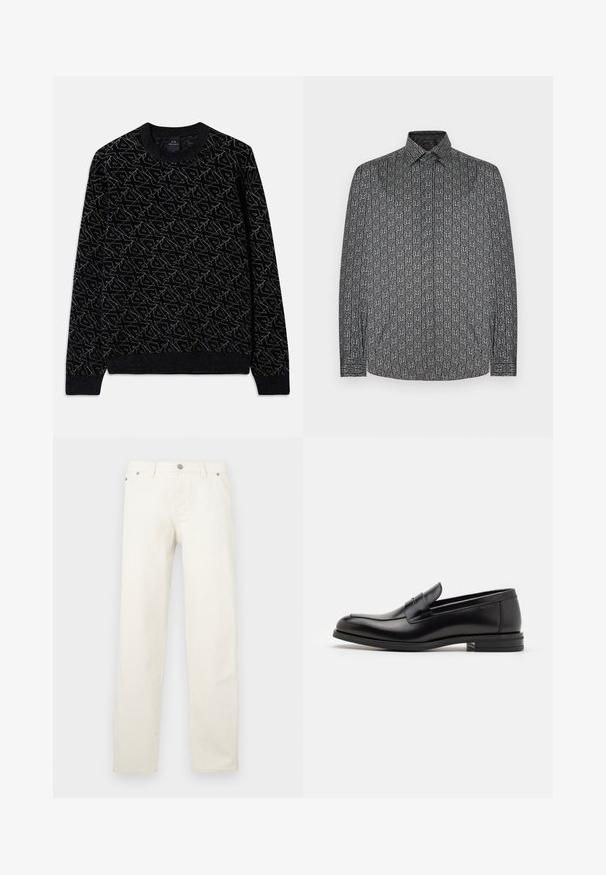 Sweater preto com um padrão texturizado em verde escuro. Apresenta um decote redondo, mangas longas e punhos e barra canelados.; Camisa de manga comprida com base cinza escura e padrão abstrato branco repetido. Detalhes de gola com botões e punhos visíveis.; Jeans brancos de corte reto feitos em denim, com fecho de botão, passadores para cinto e cinco bolsos. O tecido tem uma textura lisa.; Mocassins de couro preto com uma textura suave, bico arredondado e uma faixa decorativa sobre o peito do pé. Salto baixo e empilhado, design minimalista.