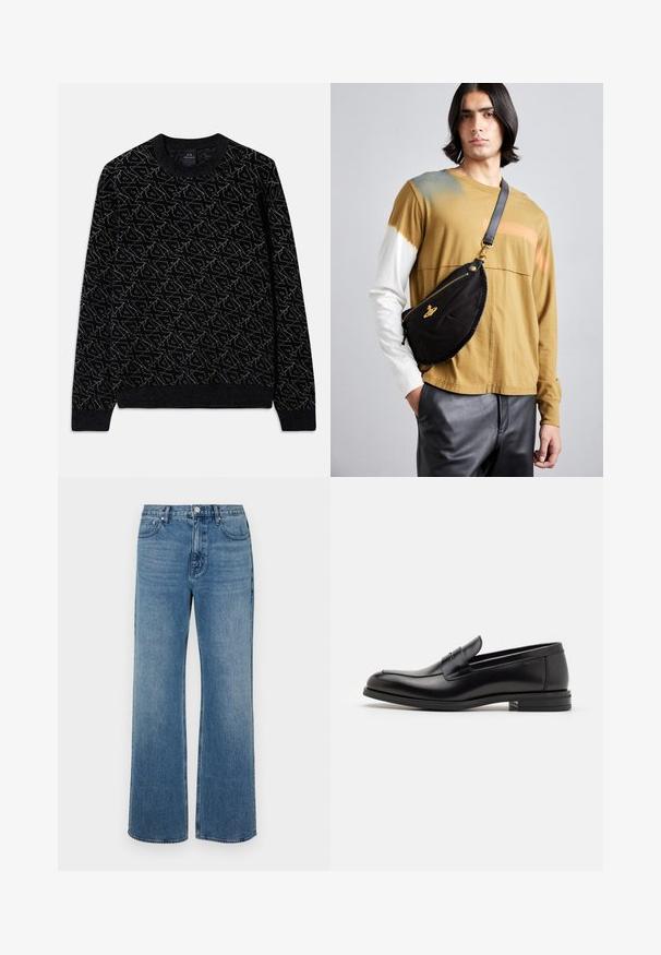 Čierny sveter s textúrovaným vzorom v tmavozelenej farbe. Má okrúhly výstrih, dlhé rukávy a rebrované manžety a spodný lem.; Džínsy s širokými nohavicami vo farbe modrej, vyrobené z denimovej látky s vyblednutým vzhľadom. Obsahujú päť vreciek, predné zapínanie na gombík a rovný strih.; Čierne kožené mokasíny s hladkou textúrou, zaoblenou špičkou a dekoračným pásikom cez priehlavok. Nízky vrstvený opätok, minimalistický dizajn.; Vivienne Westwood CITY BUMBAG UNISEX - Ľadvinka - black
