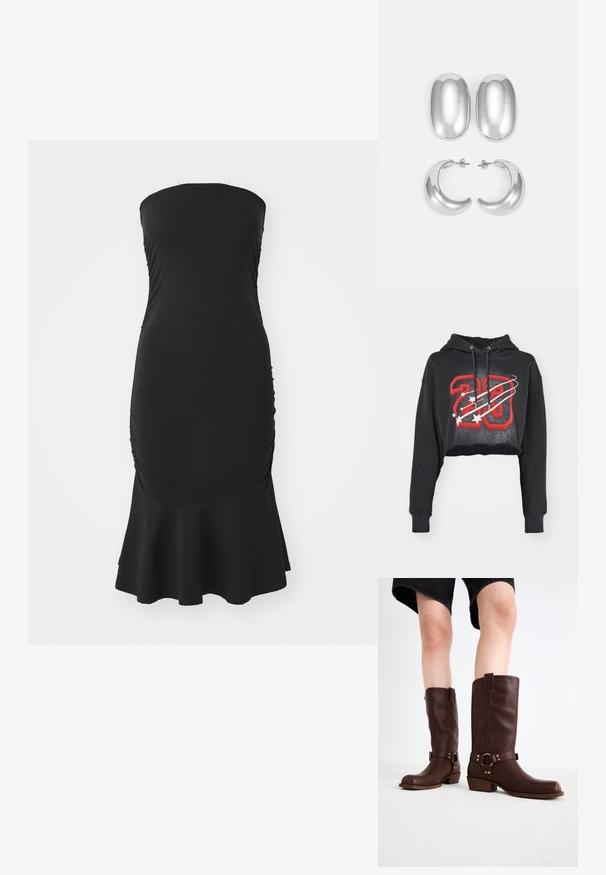 Juoda trumpa letenėlė iš medvilnės mišinio su raudonu grafiku "28", baltais žvaigždutėmis ir dviem raišteliais ant gaubto. Raukiniai ant rankovių.; Juoda be įtvirtinimo suknelė, pagaminta iš elastingos medžiagos, su raukiniais šonuose ir plačiu apvadu. Sklandus tekstūra su prilipusiu siluetu.; Rudos odinės kelio ilgio batai su apvalia nosimi, tekstūruotu paviršiumi, užkulnio dirželiu ir sidabriniais detaliais; storas kulnas.; Sidabro spalvos auskarų rinkinys: dvi ovalios sagtys ir dvi pusmėnulio formos apyrankės, pasižyminčios blizgiu, lygiu paviršiumi ir suapvalinta forma.