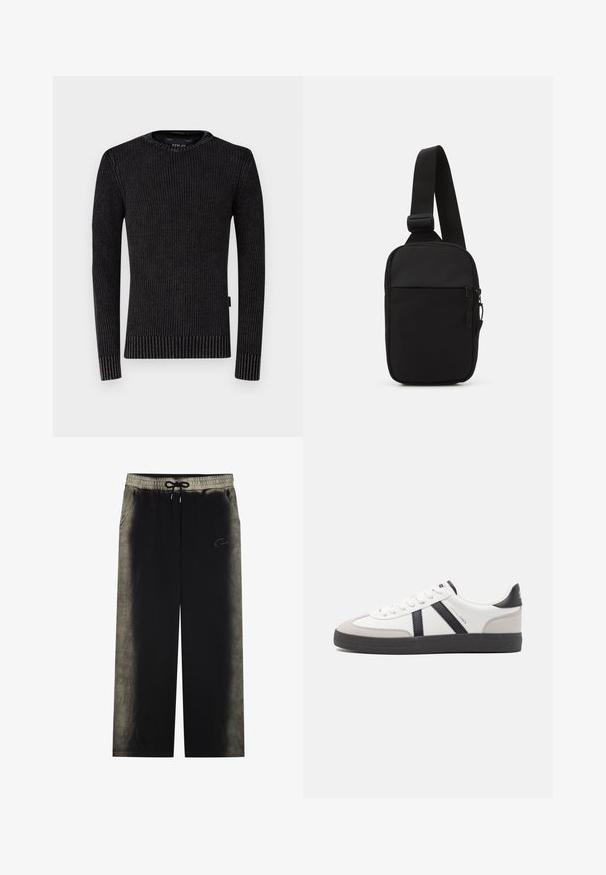 Zwarte gebreide trui met een ronde hals. Kenmerkt zich door ribbels aan de mouwen en onderkant, een verticale textuur en een subtiele glans. Label zichtbaar bij de naad.; YOURTURN UNISEX - Trainingsbroek - black; Witte sneaker met zwarte en grijze accenten, voorzien van een grijze neus met textuur, zwarte rubberen zool en platte witte veters. Schoon ontwerp, minimalistische stijl.; Zwarte schoudertas gemaakt van duurzaam stof, met een enkele verstelbare schouderband, een gepartitioneerd hoofdcompartiment met rits en een voorvak.