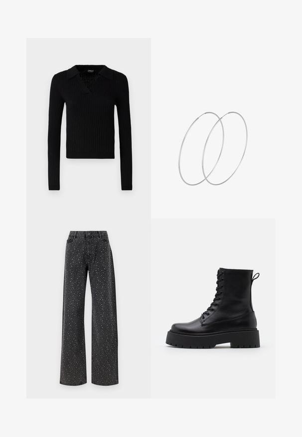 Zwarte geribbelde lange mouw trui met een V-hals en kraagontwerp, voorzien van een textuurstof en een aansluitende silhoutte.; Noisy May NMJANNEL LOOSE - Relaxed fit jeans - black denim; Zwarte leren enkelboots met een ronde neus, vetersluiting aan de voorkant en een dikke rubberen zool met een gestructureerd profiel. Trekbandje aan de achterkant.; Zilveren hoepel oorbellen met een minimalistisch ontwerp. Cirkelvormig, gladde textuur en dun profiel. Lichtgewicht met een gepolijste afwerking.