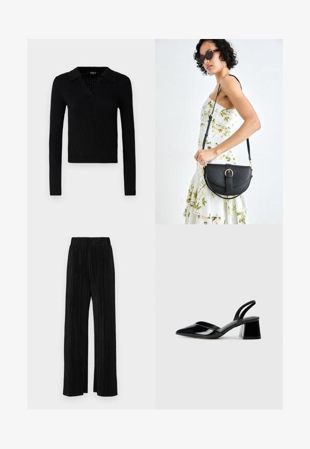 Zwarte geribbelde lange mouw trui met een V-hals en kraagontwerp, voorzien van een textuurstof en een aansluitende silhoutte.; Zwarte geplooide broek met een elastische tailleband. Beschikt over wijde pijpen en een glad, gestructureerd stof met verticale strepen.; Zwarte gepatineerde leren slingback hakken met een spitse neus en een geometrische blokhak. Kenmerkt zich door een slank, minimalistisch ontwerp en een gladde textuur.; Zwarte leren handtas met een gebogen vorm, afneembare schouderband en gouden hardware. De tas heeft een klep met een gespsluiting.