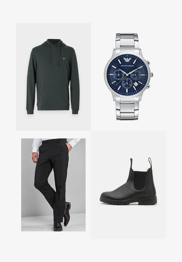 Tmavozelená mikina s kapucňou vyrobená z jemného materiálu, ktorá má predné vrecko typu "kangaroo", šnúrku na kapucni a malé žlté vyšívané logo na hrudi.; Čierne nohavice so strihom na mieru, s hladkou textúrou, rovnými nohavicami a pútkami na opasok, v kombinácii s lesklými čiernymi formálnymi topánkami.; Čierne kožené Chelsea topánky s elastickými bočnými panelmi, pútkom na obúvanie, robustnou gumovou podrážkou a prešívanými detailmi. Hladký povrch po celej dĺžke.; Emporio Armani Chronografické hodinky - silver-coloured