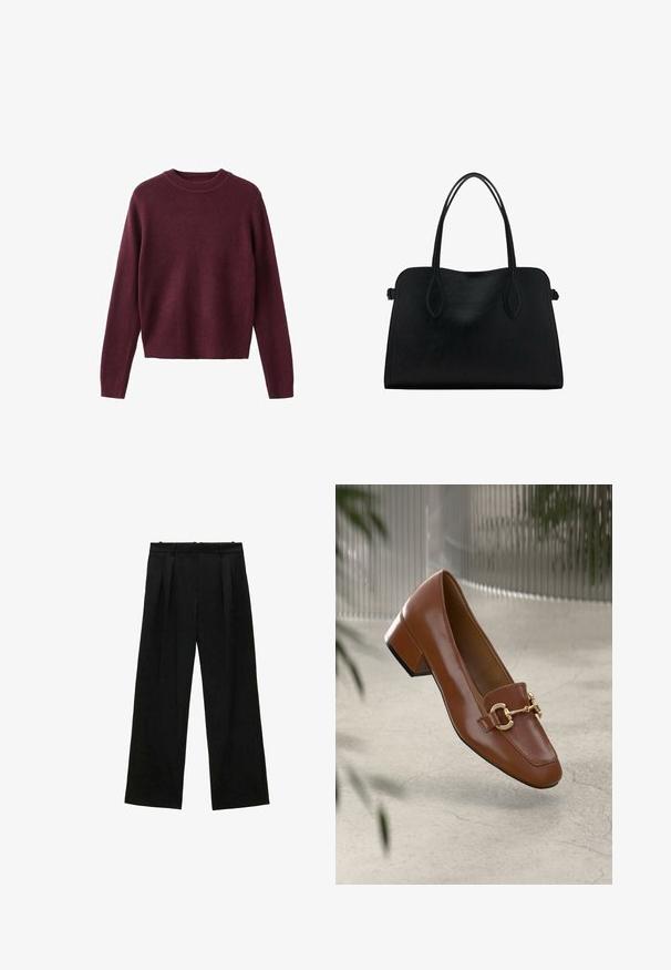 Dug rukav dugih rukava pleteni pulover u tamnoj burgundi boji s rebrastim manžetama i donjim rubom, prikazan na bijeloj pozadini.; Crne široke hlače s plisama, s glatkom teksturom i visokim strukom. Minimalistički stil, bez vidljivih metalnih dijelova ili ukrasa.; Smeđi lakirani loafer s kvadratnim vrhom, metalnim lancem kao naglaskom i niskom blok petom; glatka tekstura, minimalistički dizajn.; Crna kožna torba s dvostrukim naramenicama, pravokutnog oblika i minimalističkim dizajnom na bijeloj pozadini.