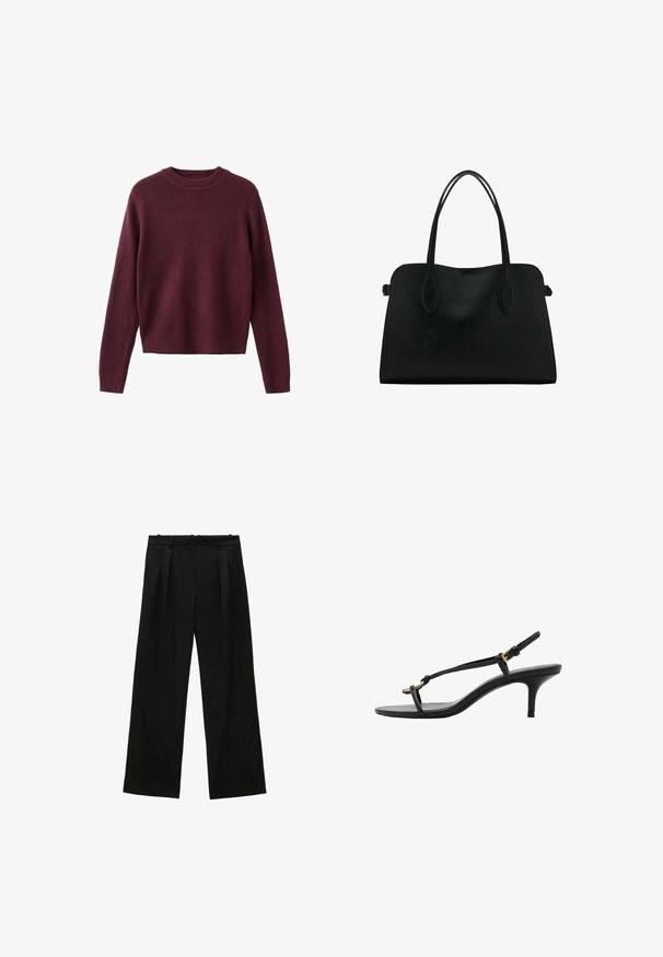 Pulover tricotat cu mânecă lungă și guler rotund, de culoare burgundă închisă, cu manșete și tiv cu nervuri, prezentat pe un fundal alb.; Pantaloni negri cu picioare largi și pliseuri, având o textură netedă și un design cu talie înaltă. Stil minimalist, fără accesorii sau detalii vizibile.; Sandal cu toc kitten din piele neagră, cu curele subțiri, cataramă aurie și buclă minimalistă pentru degetele de la picioare, pe un fundal alb.; Geantă din piele neagră cu două mânere pentru umăr, formă rectangulară și design minimalistic pe un fundal alb.