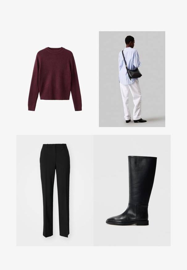 Long-sleeve crew neck knitted sweater in dark burgundy with ribbed cuffs and hem, displayed on a white background.; Black tailored trousers with a straight-leg design, featuring a smooth texture and crisp creases along the front. No visible hardware.; Black leather knee-high boot with a rounded toe, smooth texture, minimalistic design, and a flat sole. Simple seam details on the shaft.; Black leather shoulder bag with a soft texture, triangular shape, and adjustable strap, paired with a light blue striped shirt and white pants.